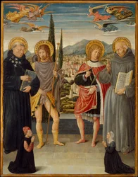 Heilige Nikolaus von Tolentino, Rochus, Sebastian und Bernhardin von Siena, mit kniendem Stifter